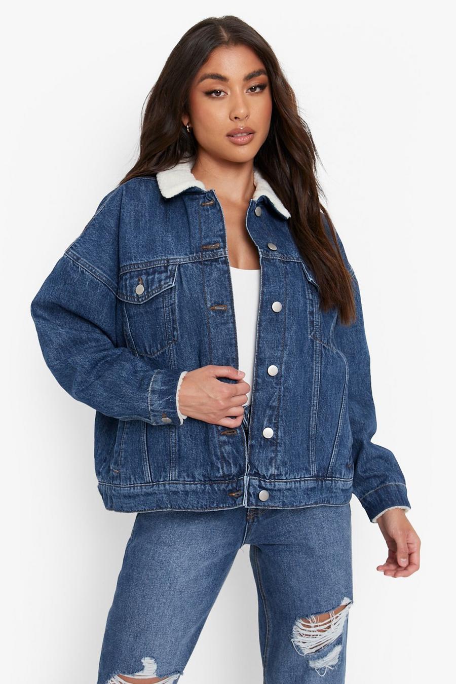 Giacca oversize in denim foderata in teddy, Mid blue image number 1