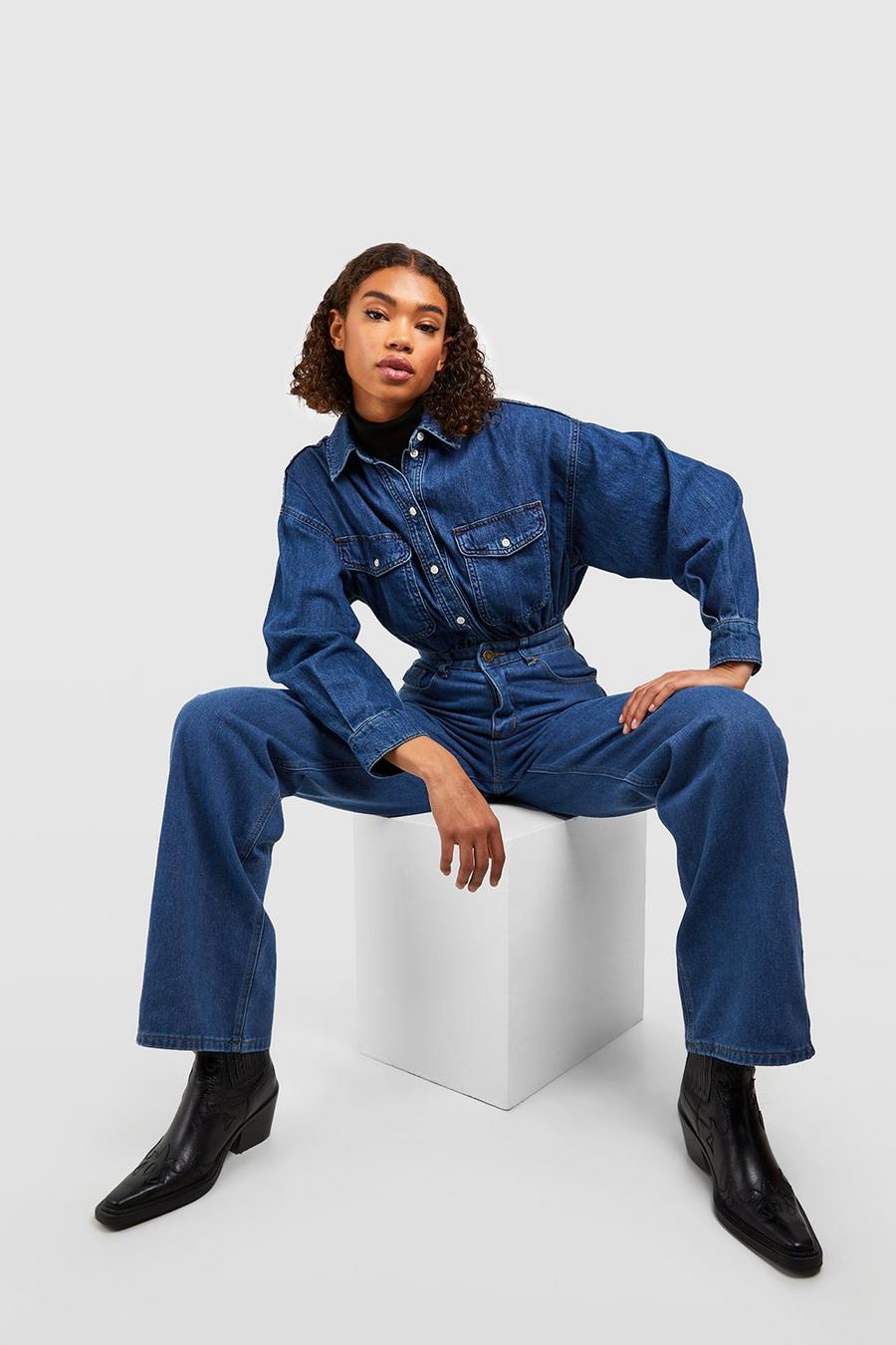 כחול ביניים ג'ינס high rise בגזרת בויפרנד לנשים גבוהות