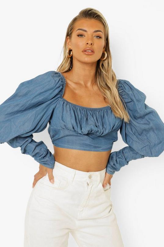 boohoo Ruched Denim Bralette With Rhinestone Straps - ShopStyle Tops