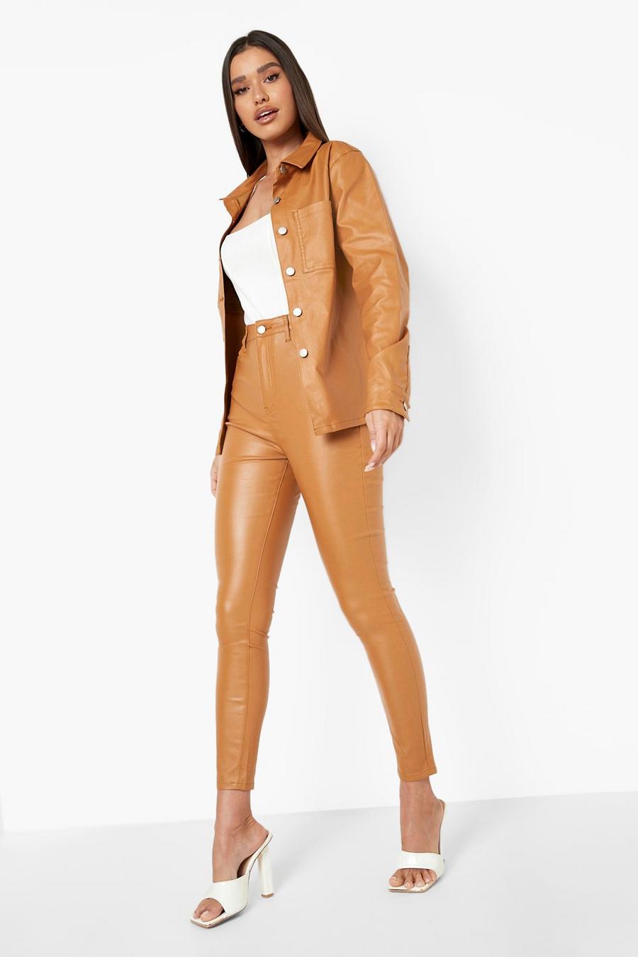Tan Faux Leather High Waist Skinny Jeans image number 1