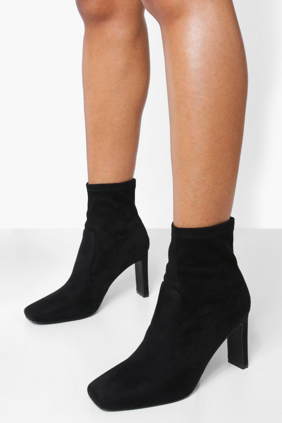 Black schwarz Square Toe Flat Heel Sock Boots