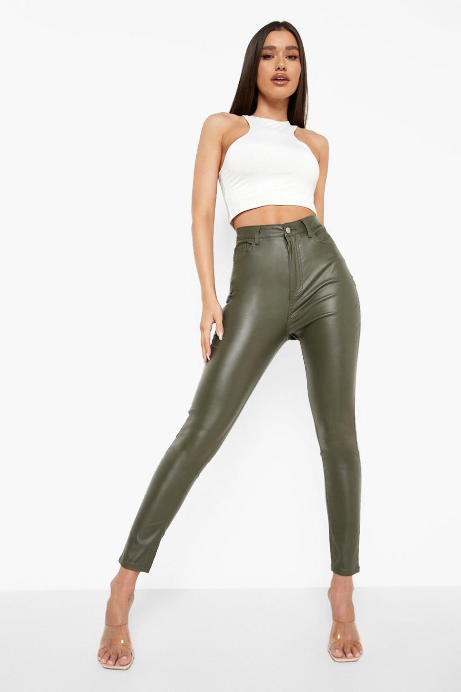 Khaki Faux Leather High Waist Skinny Jeans image number 1