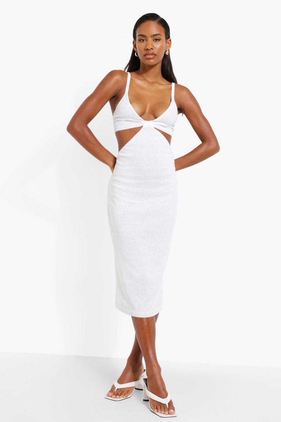 Ivory Cut Out Halter Knitted Midi Dress image number 1