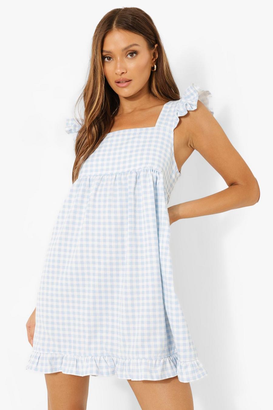 Baby blue Rutig hängselklänning i denim image number 1