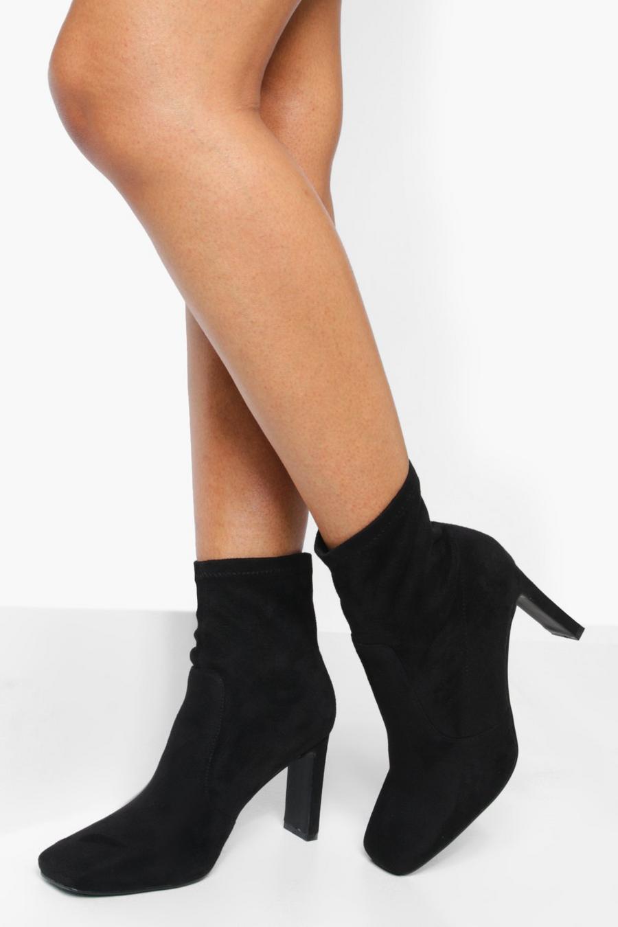 Black Wide Fit Square Toe Flat Heel Sock Boots image number 1