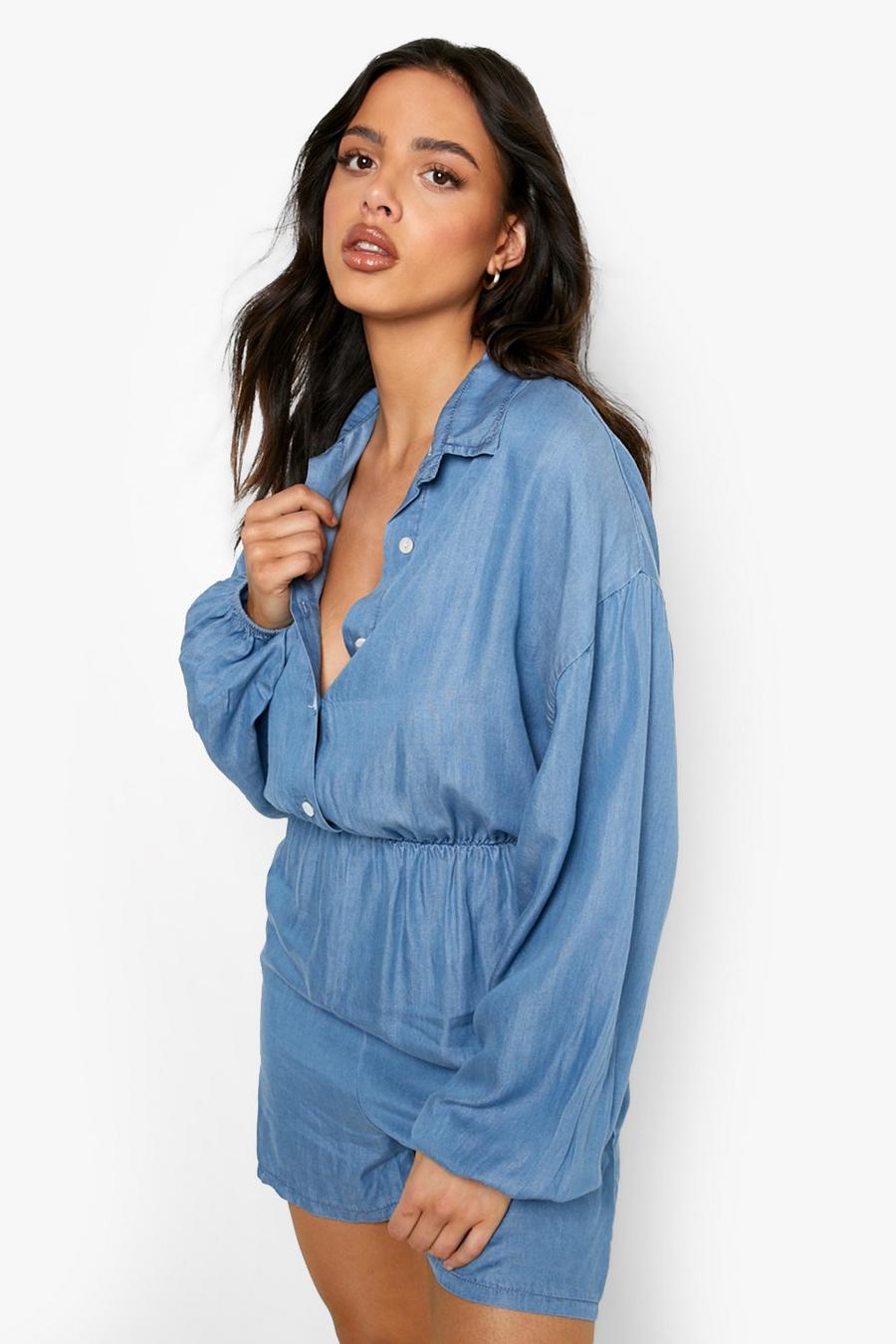 Blue Boohoo Zip Up Drawcord Denim Romper in Light Wash Womens Jumpsuits and rompers Boohoo Jumpsuits and rompers 