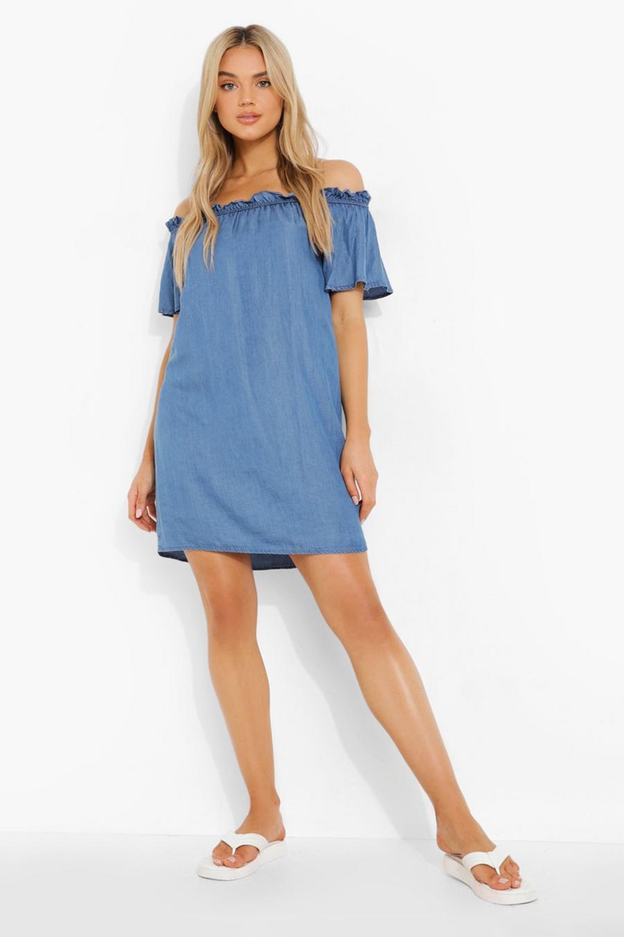 Mid blue blå Bardot Chambray Summer Dress