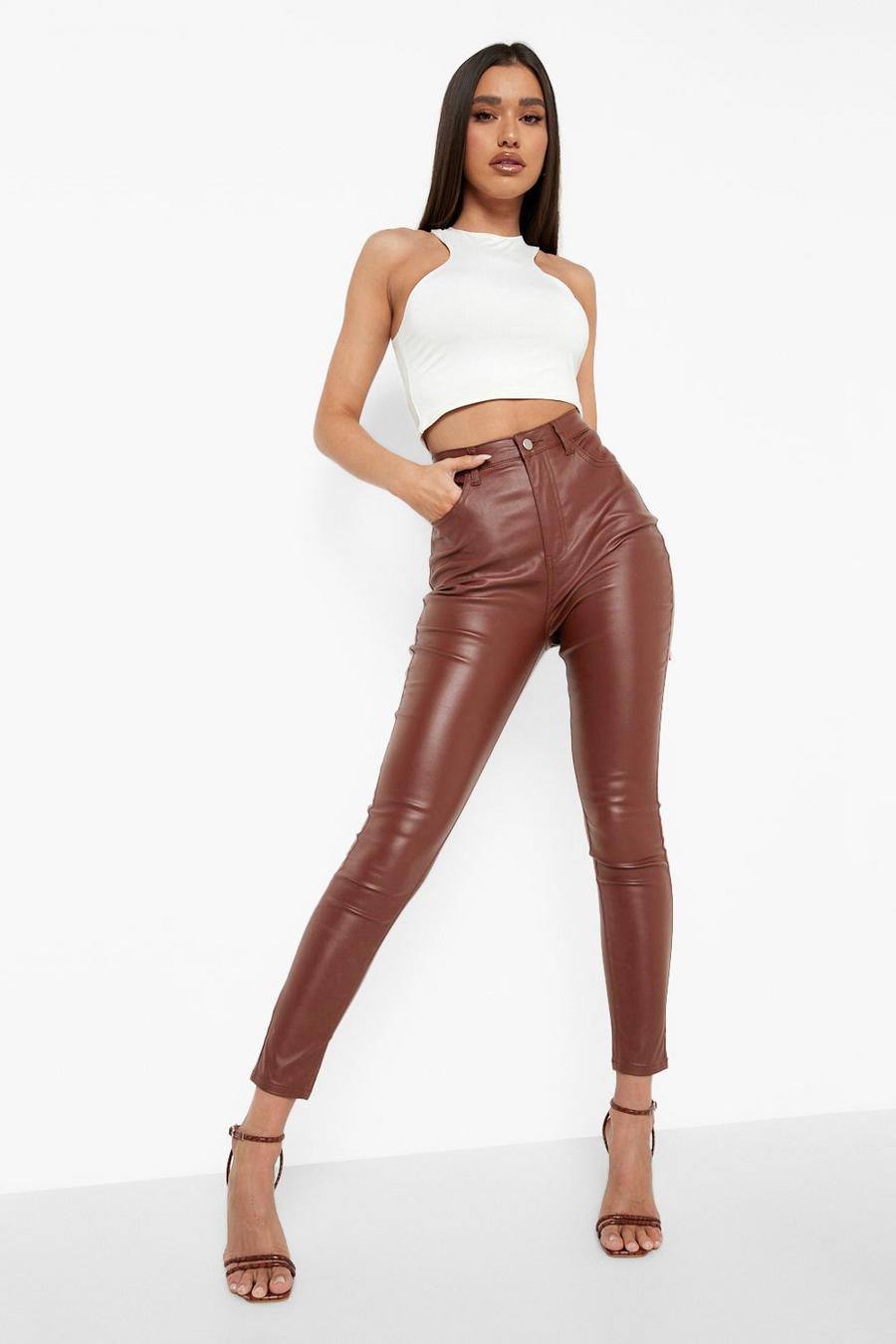 Chocolate Faux Leather High Waist Skinny Jeans image number 1