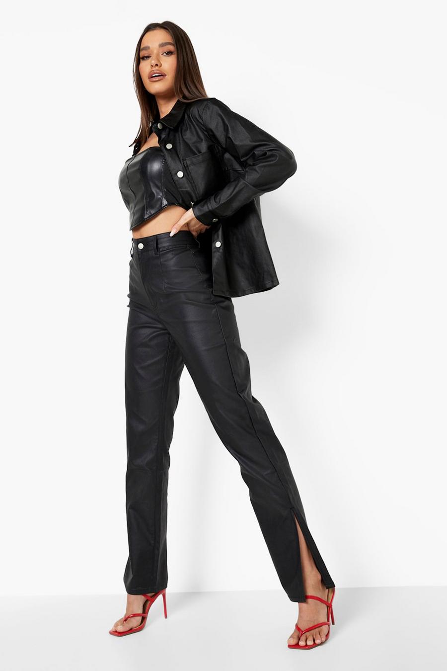Black Leather Look High Waist Split Hem Jeans image number 1