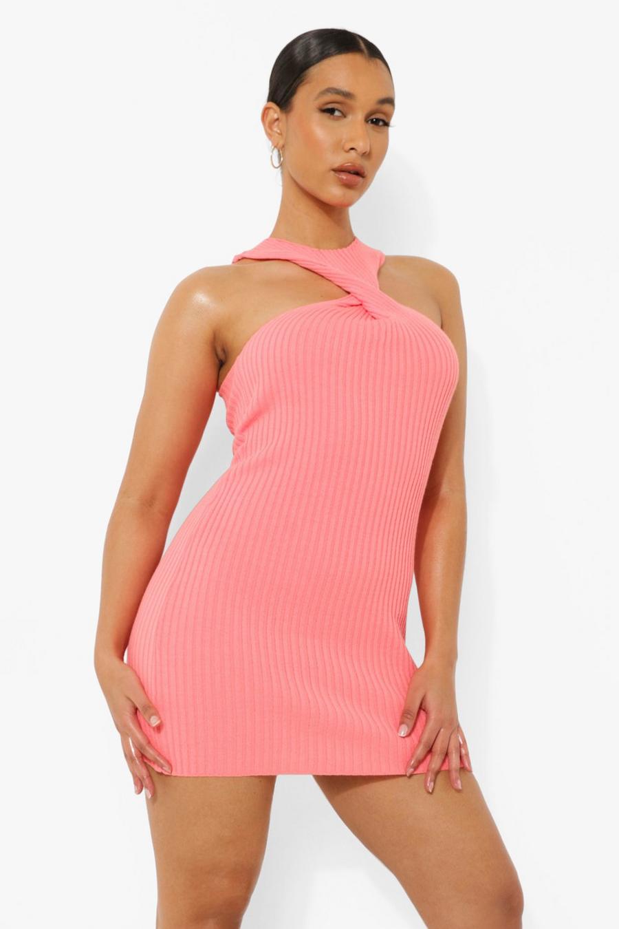 Coral pink Halterneck Knitted Mini Dress