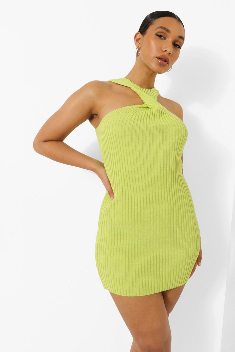 Lime grön Halterneck Knitted Mini Dress