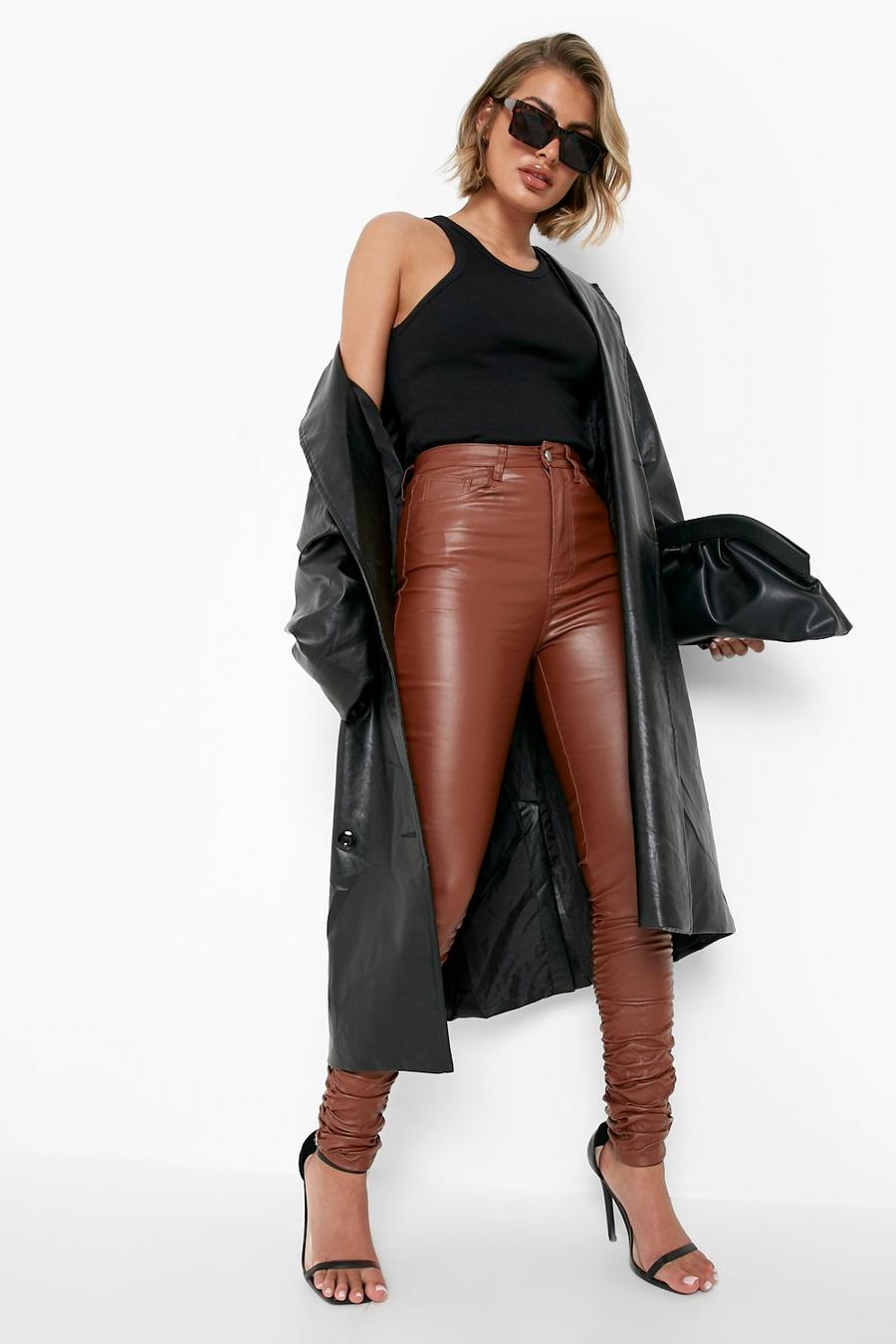Chocolate Pu Coated Ruched Leg Skinny Jeans image number 1