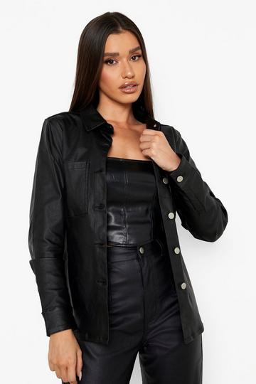 Faux Leather Denim Shacket black