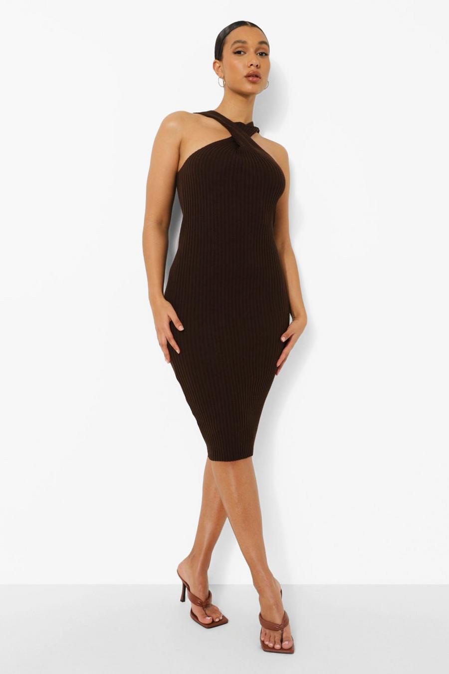 Chocolate Halter Knitted Midi Dress image number 1