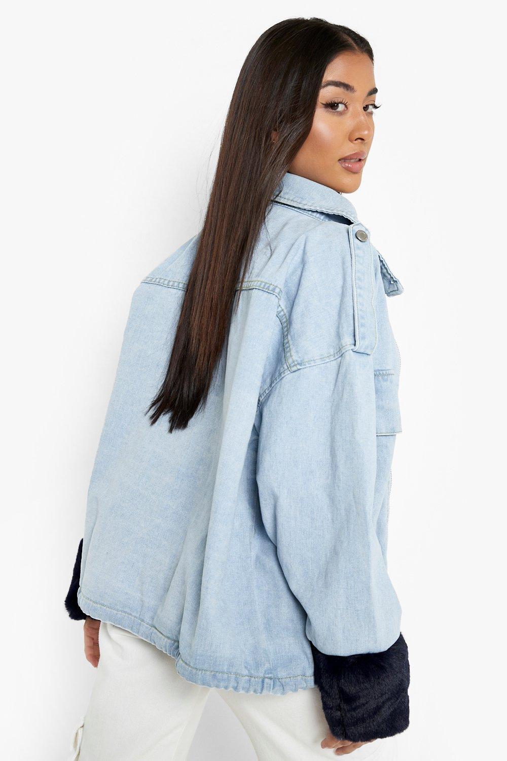 light grey denim jacket with fur