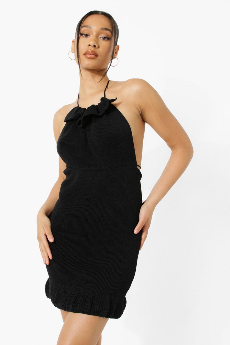 Black Knitted Ruched Neck Backless Mini Dress image number 1