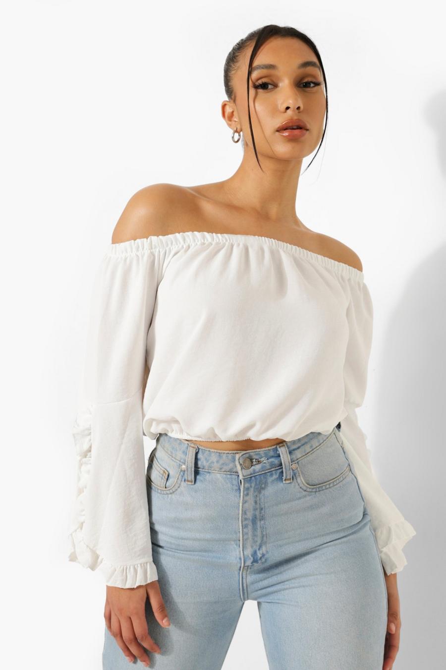 White Ruffle Sleeve Off Shoulder Top image number 1
