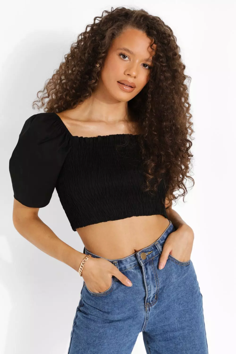 Smocked puff sleeve crop top hotsell