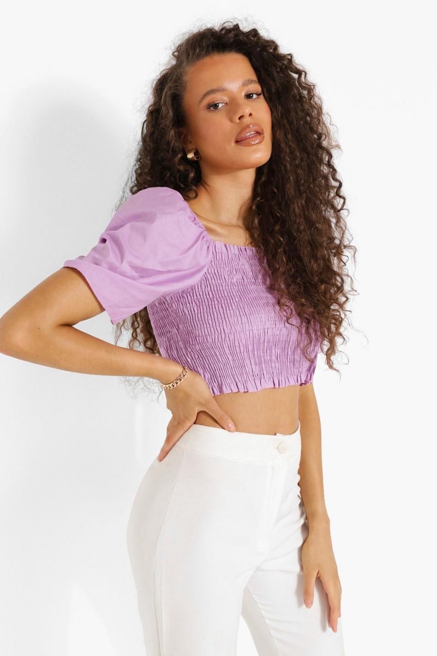 Lilac Cotton Poplin Shirred Puff Sleeve Crop Top image number 1