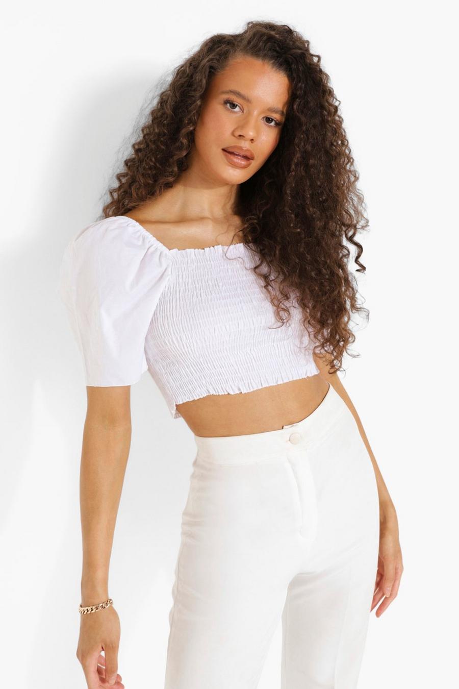 White Cotton Poplin Shirred Puff Sleeve Crop Top image number 1