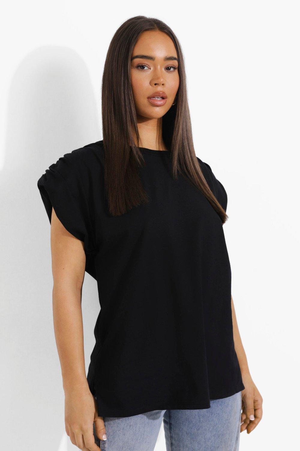 Black Premium Shoulder Pad T Shirt boohoo UK