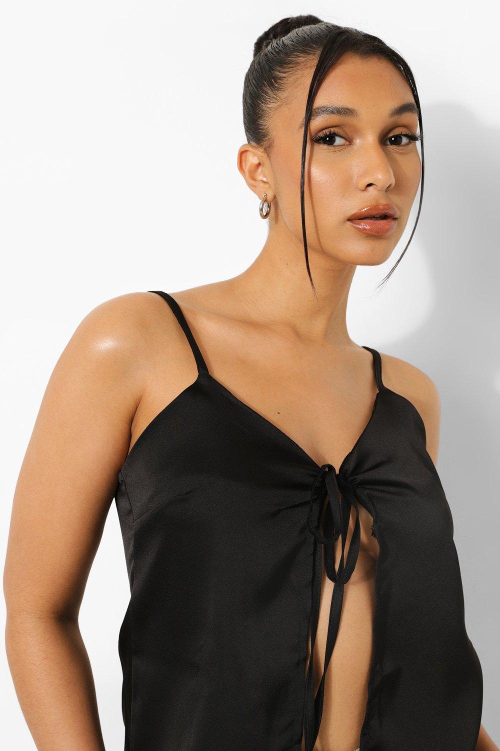 Black Satin Cami Tie Front Crop Top