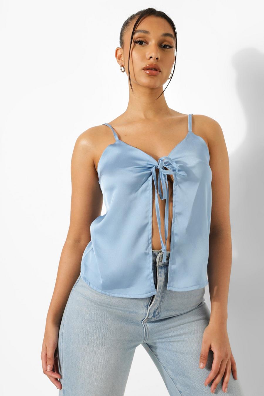 Blue Satin Tie Front Camisole image number 1