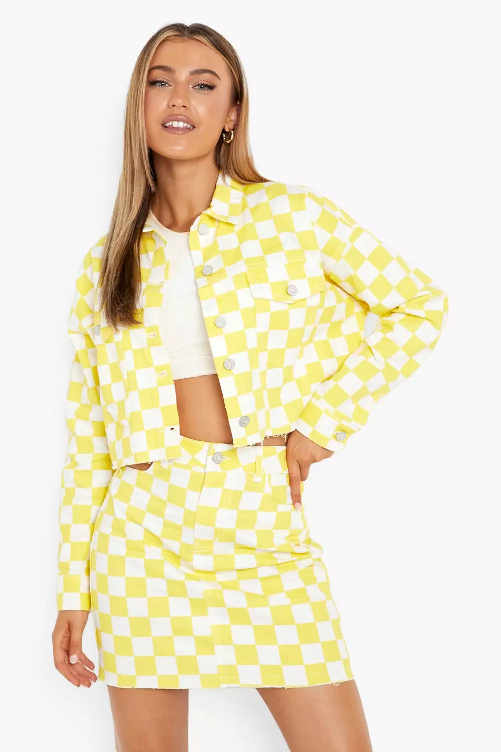 Boohoo yellow denim skirt sales