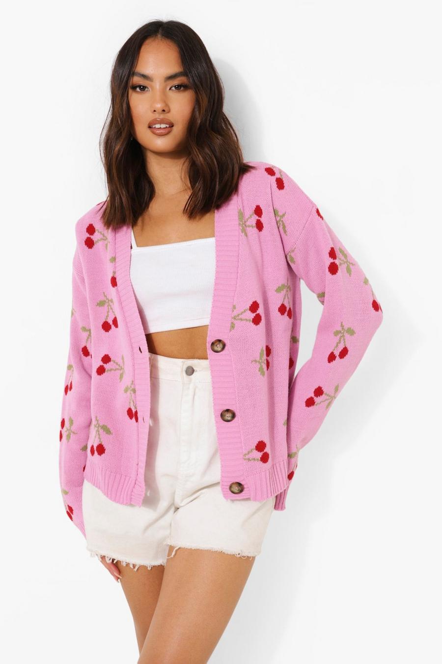 Pink Cherry Print Cropped Cardigan image number 1