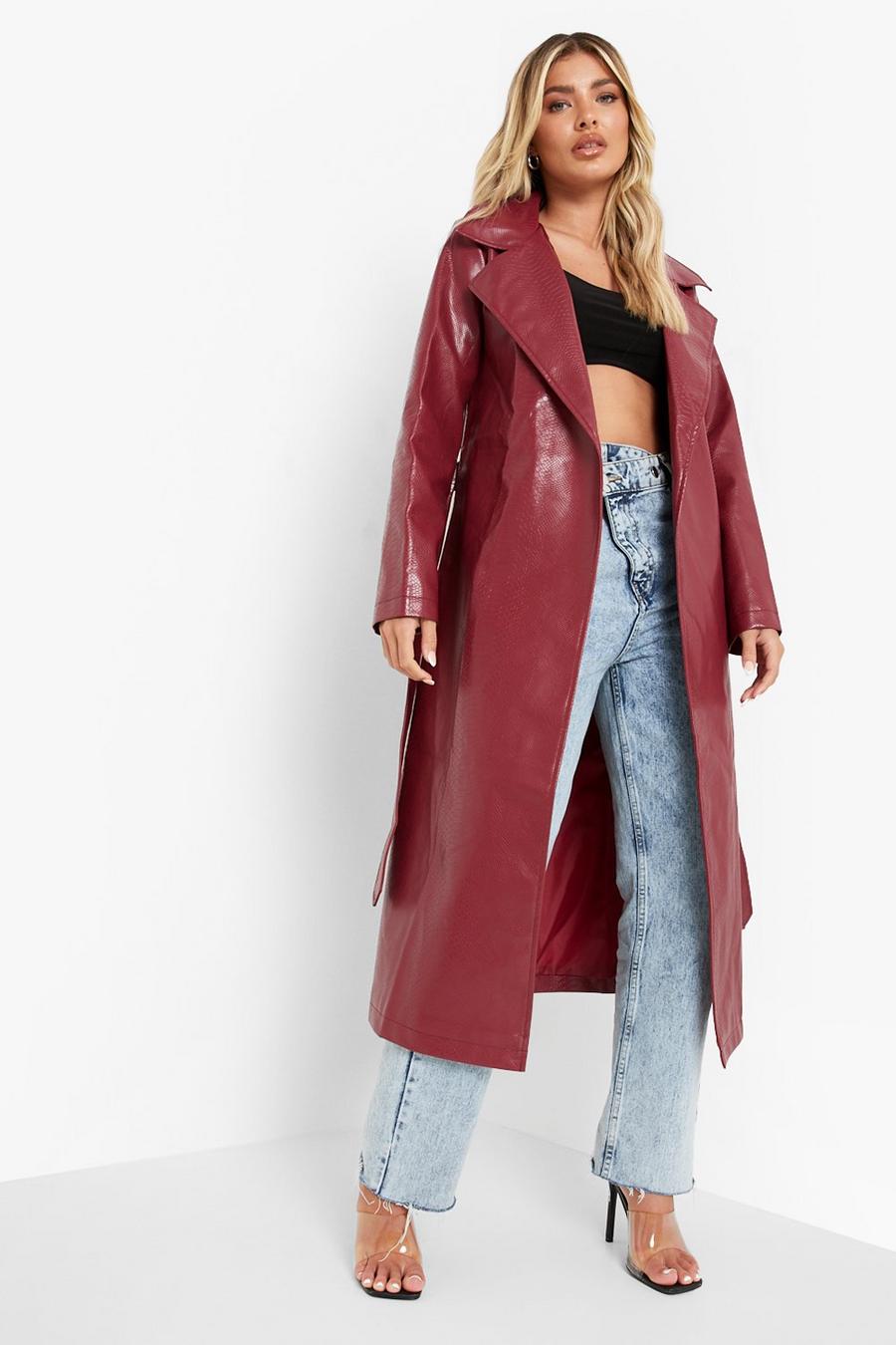 Maroon Croc Faux Leather Longline Trench Coat image number 1