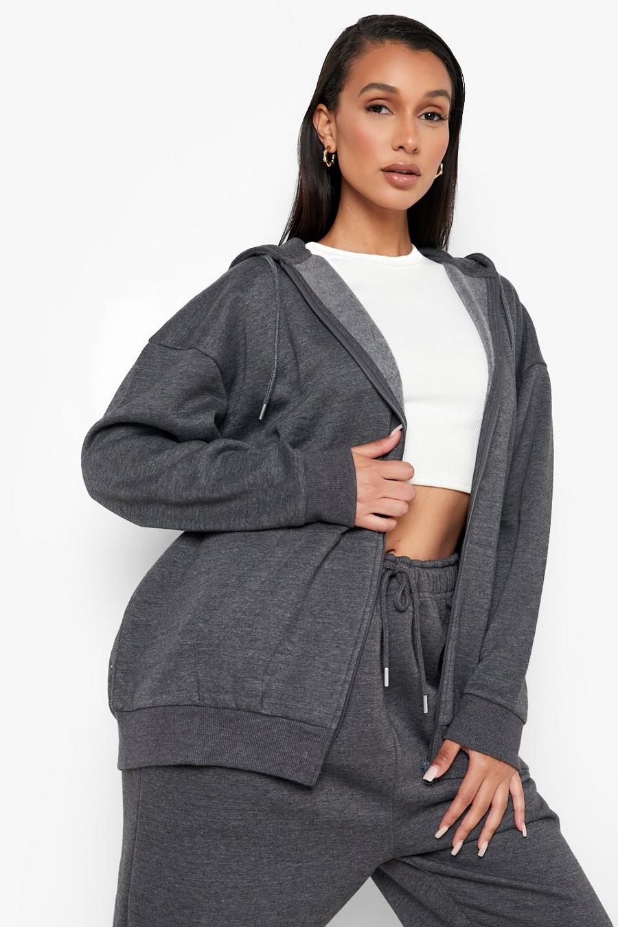 Charcoal grey Recycled Basic Oversized Zip Through Hoodie