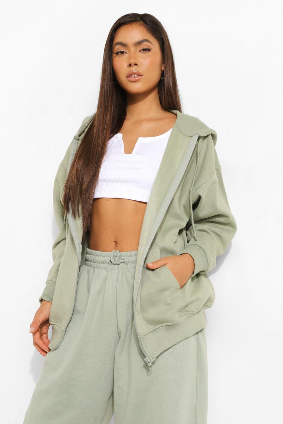 Sage green Recycled Basic Oversized Zip Through Hoodie image number 1