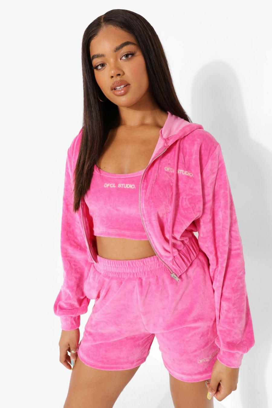 Pink Velour Cropped Zip Through Hoodie image number 1