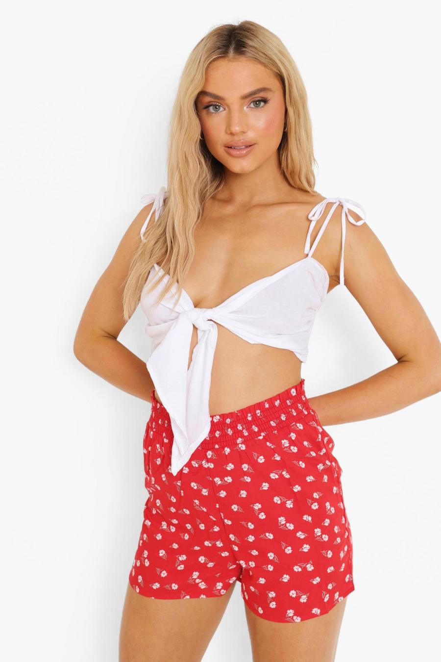 Red Ditsy Floral Elasticated Waist Shorts image number 1