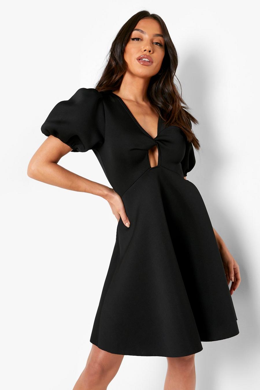 Black Puff Sleeve Cut Out Skater Dress image number 1
