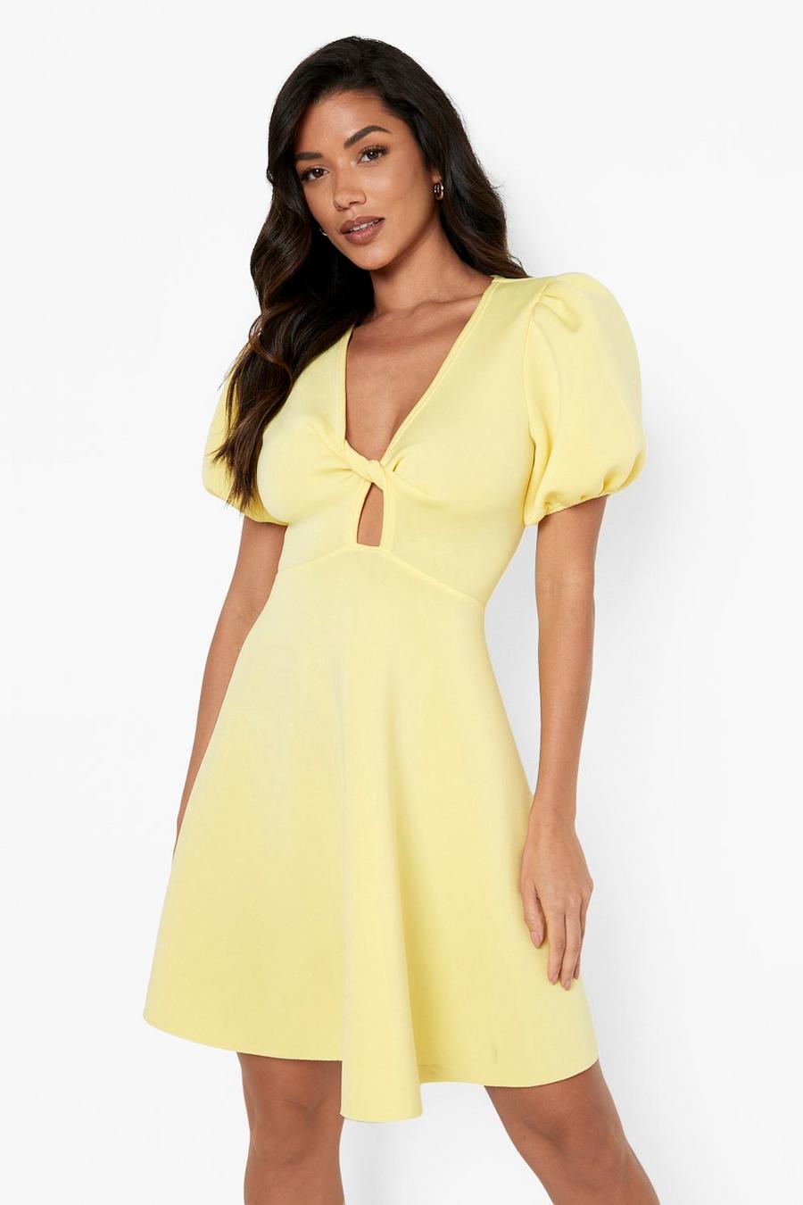 Yellow Puff Sleeve Cut Out Skater Dress image number 1