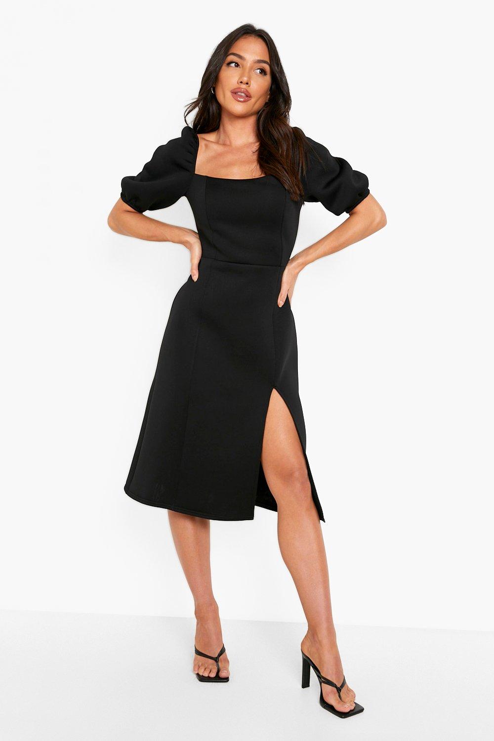 Puff Sleeve Square Neck Midi Dress