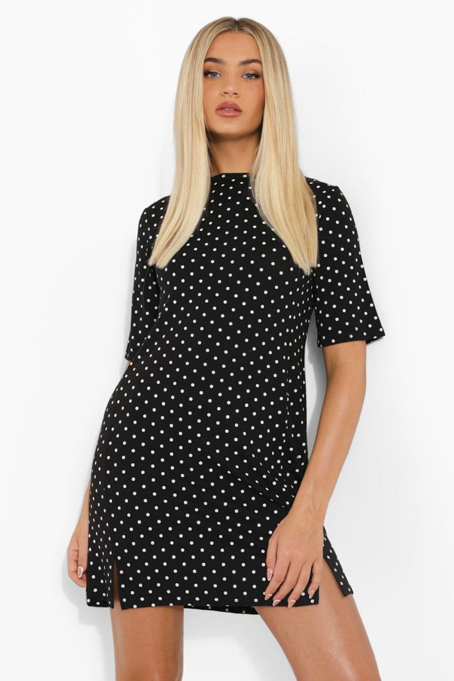 Black Polka Dot Split Detail T Shirt Dress image number 1