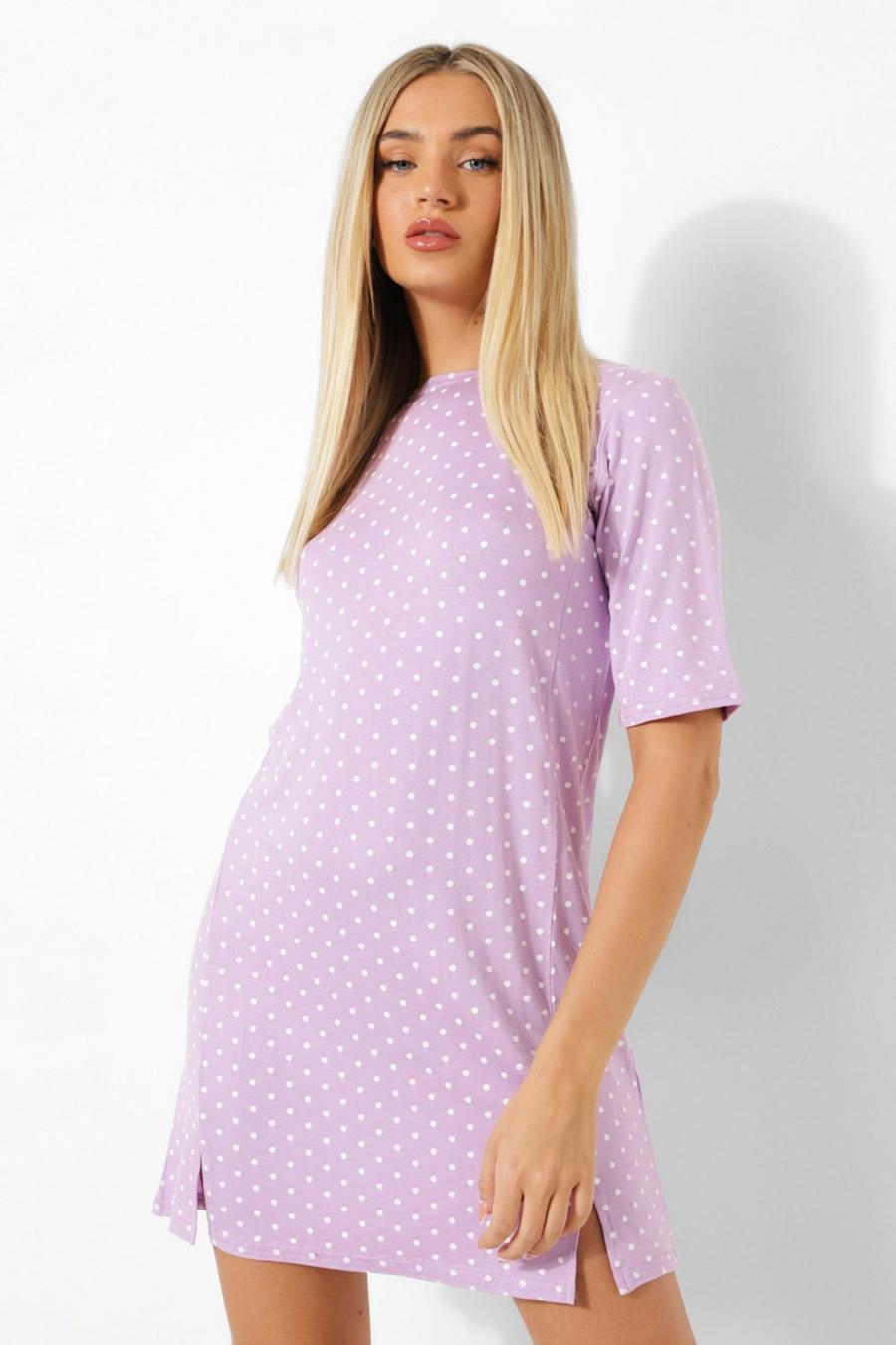 Lilac Polka Dot Split Detail T Shirt Dress image number 1