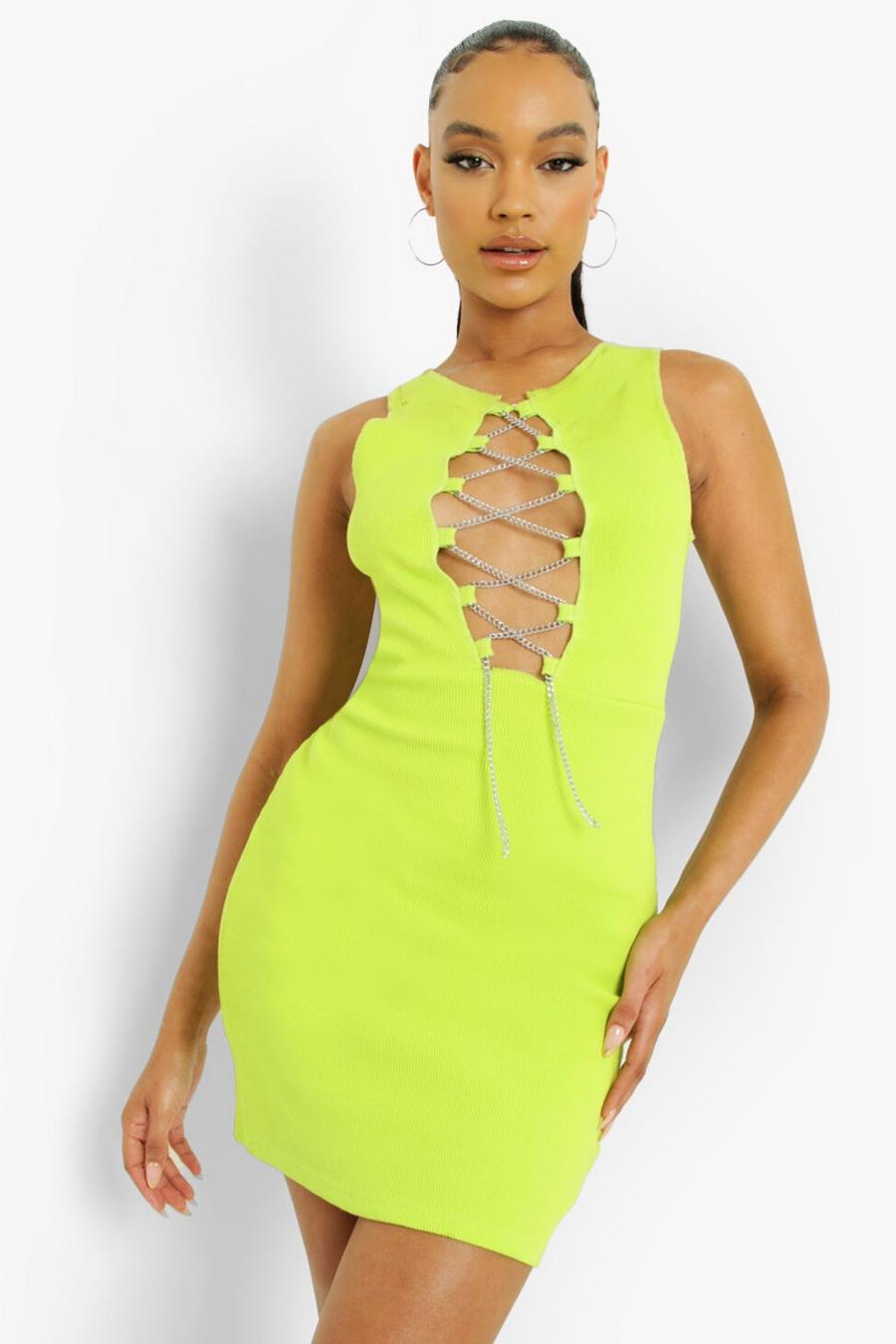 Lime Chain Lace Up Detail Mini Dress image number 1