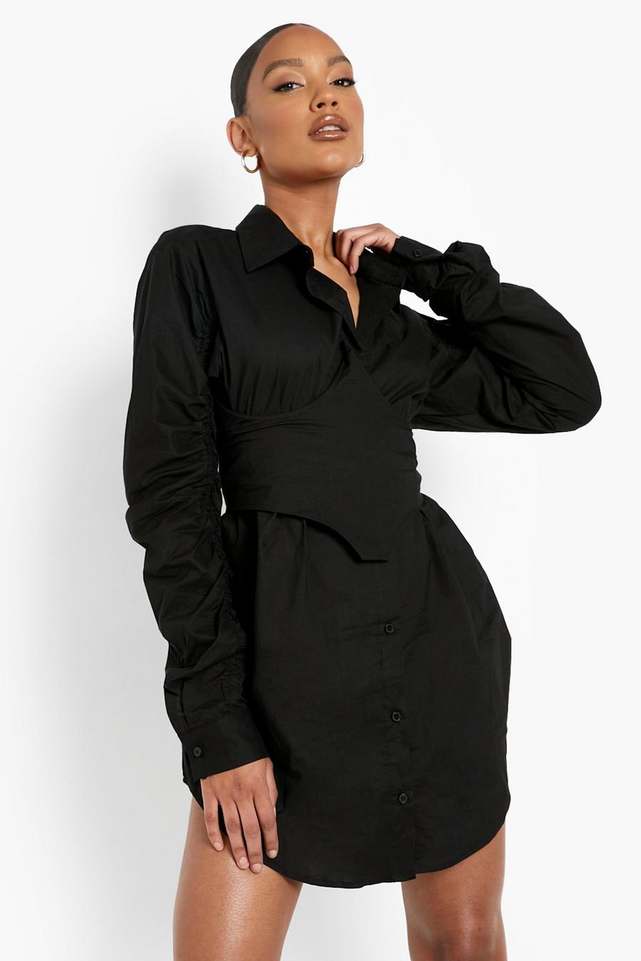 Black Corset Detail Ruched Sleeve Mini Dress image number 1