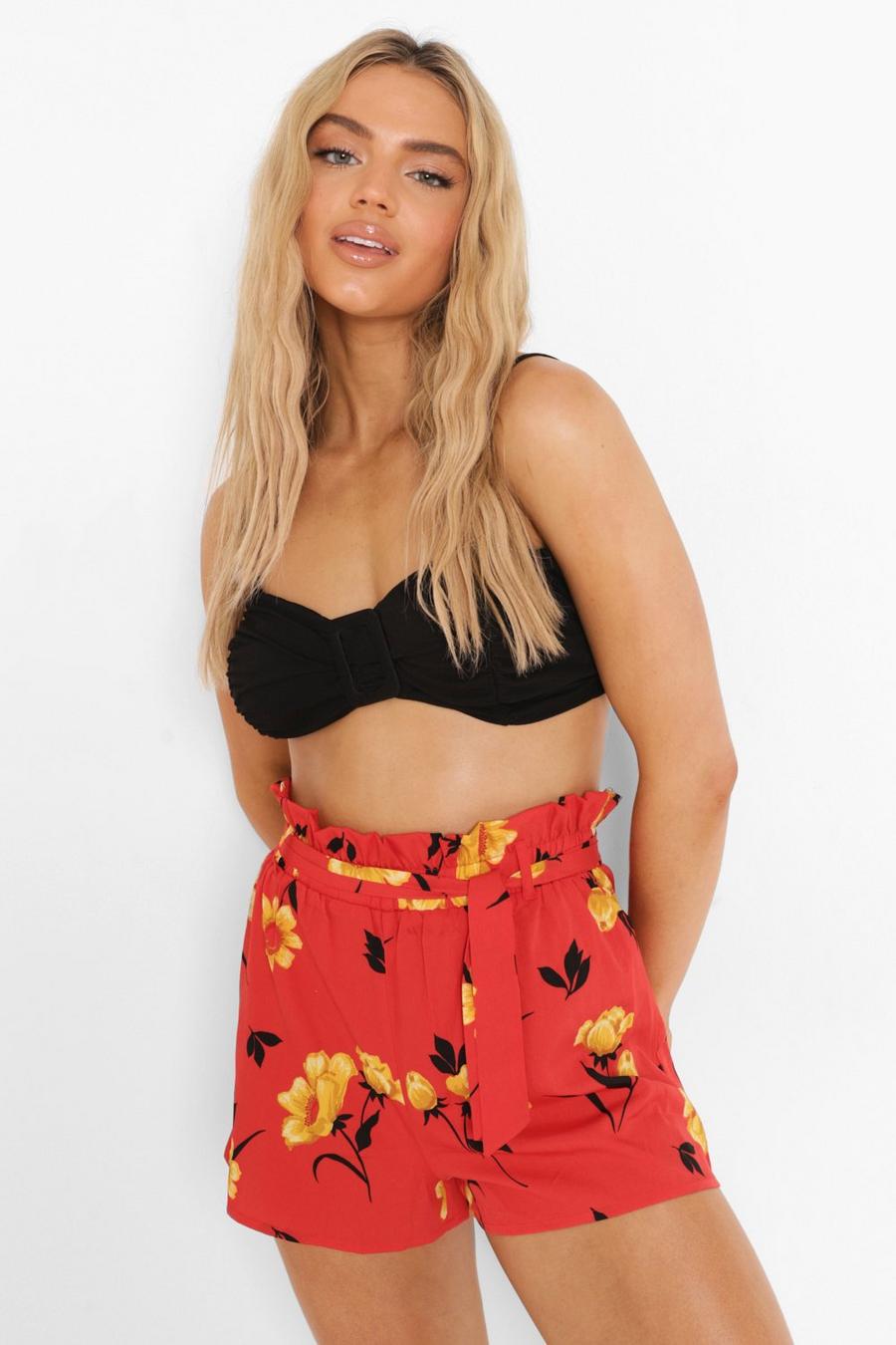 Red Daisy Print Belted Shorts image number 1