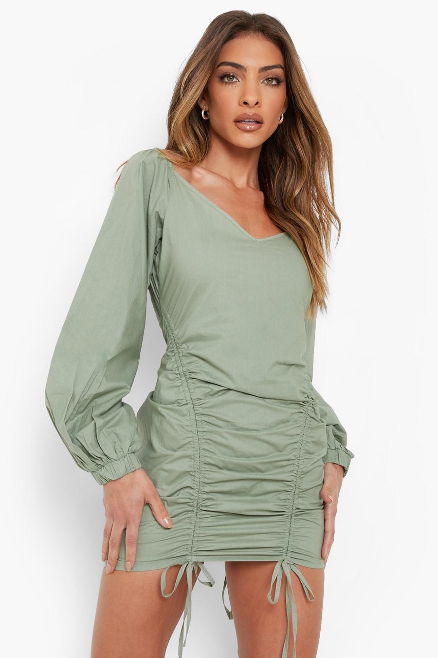 Verne Mini Dress Ruched Front Long Sleeve Dress In Khaki, 52% OFF