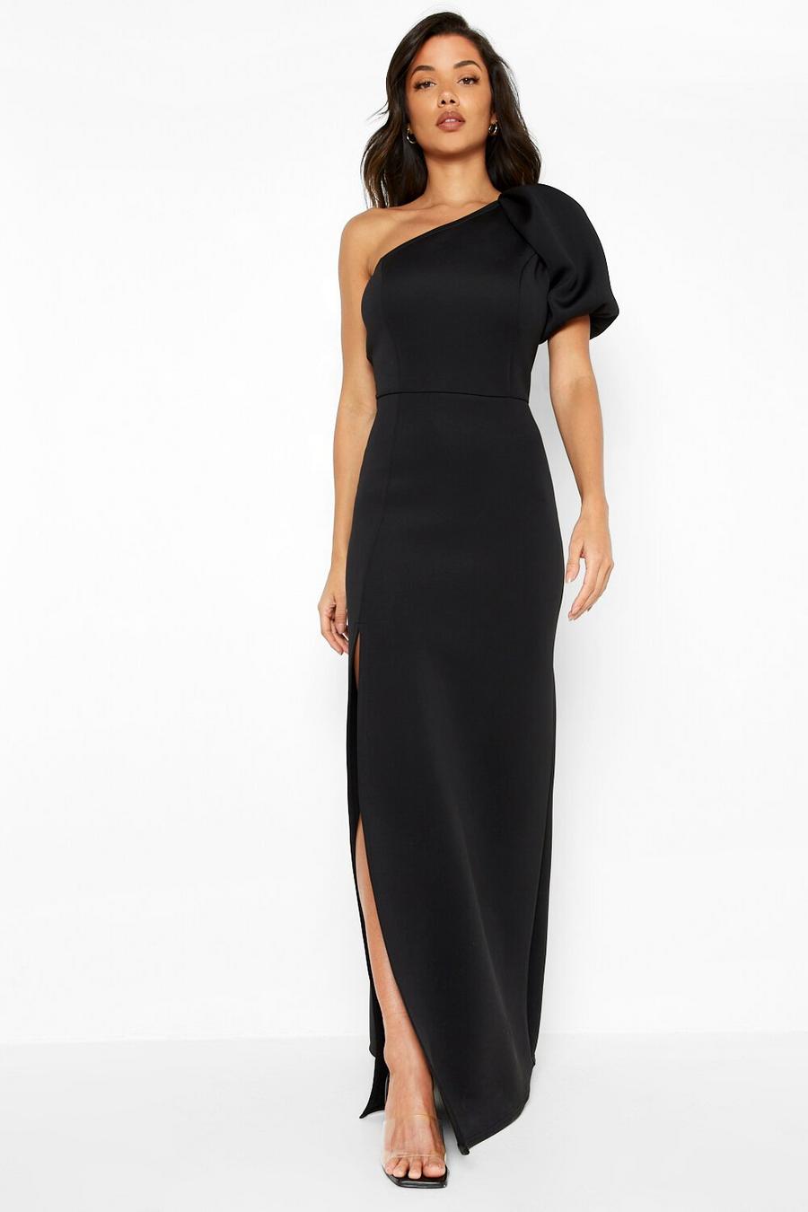 Black One Shoulder Puff Sleeve Maxi Dress image number 1