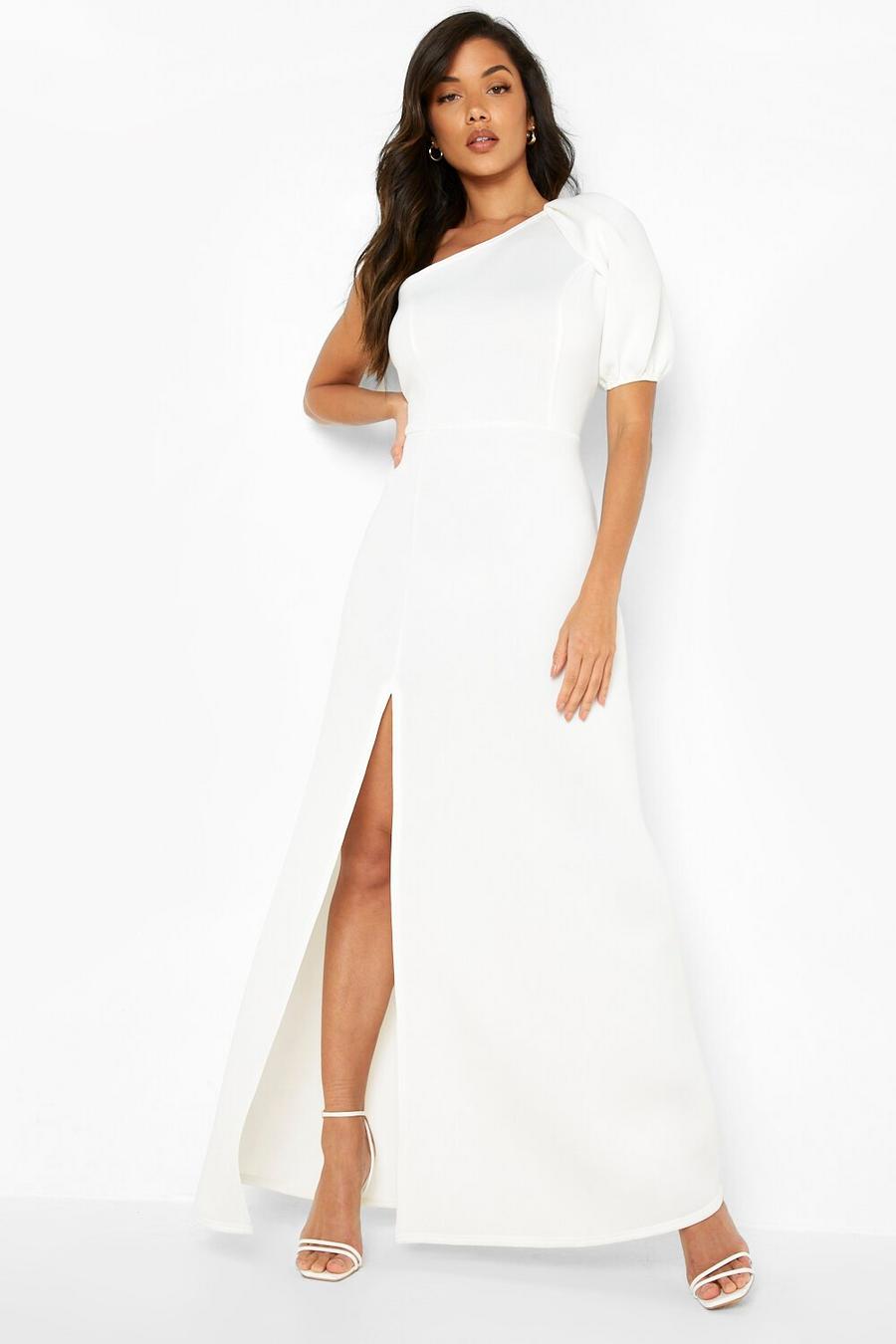 White One Shoulder Puff Sleeve Maxi Dress