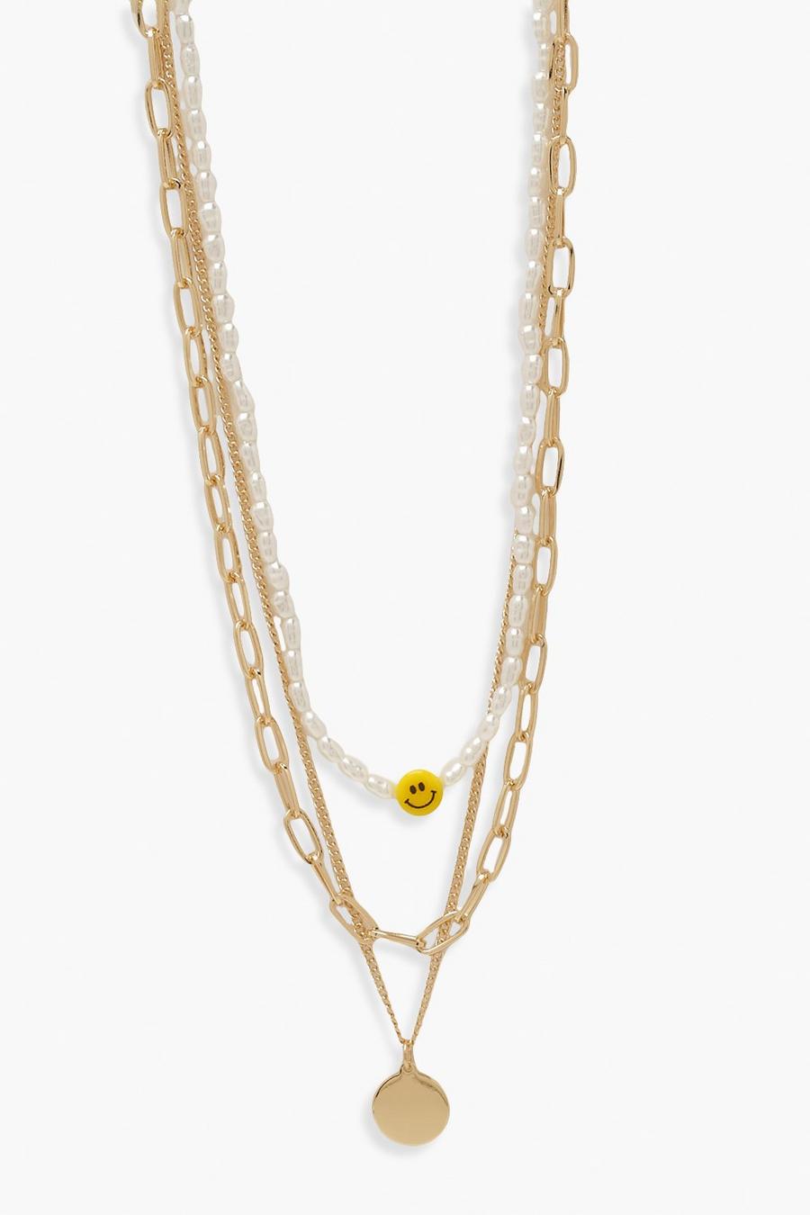 Gold Layered Happy Face Pearl Chain Necklace image number 1