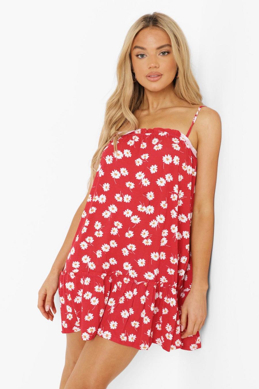 Red Daisy Print Square Neck Ruffle Swing Dress image number 1