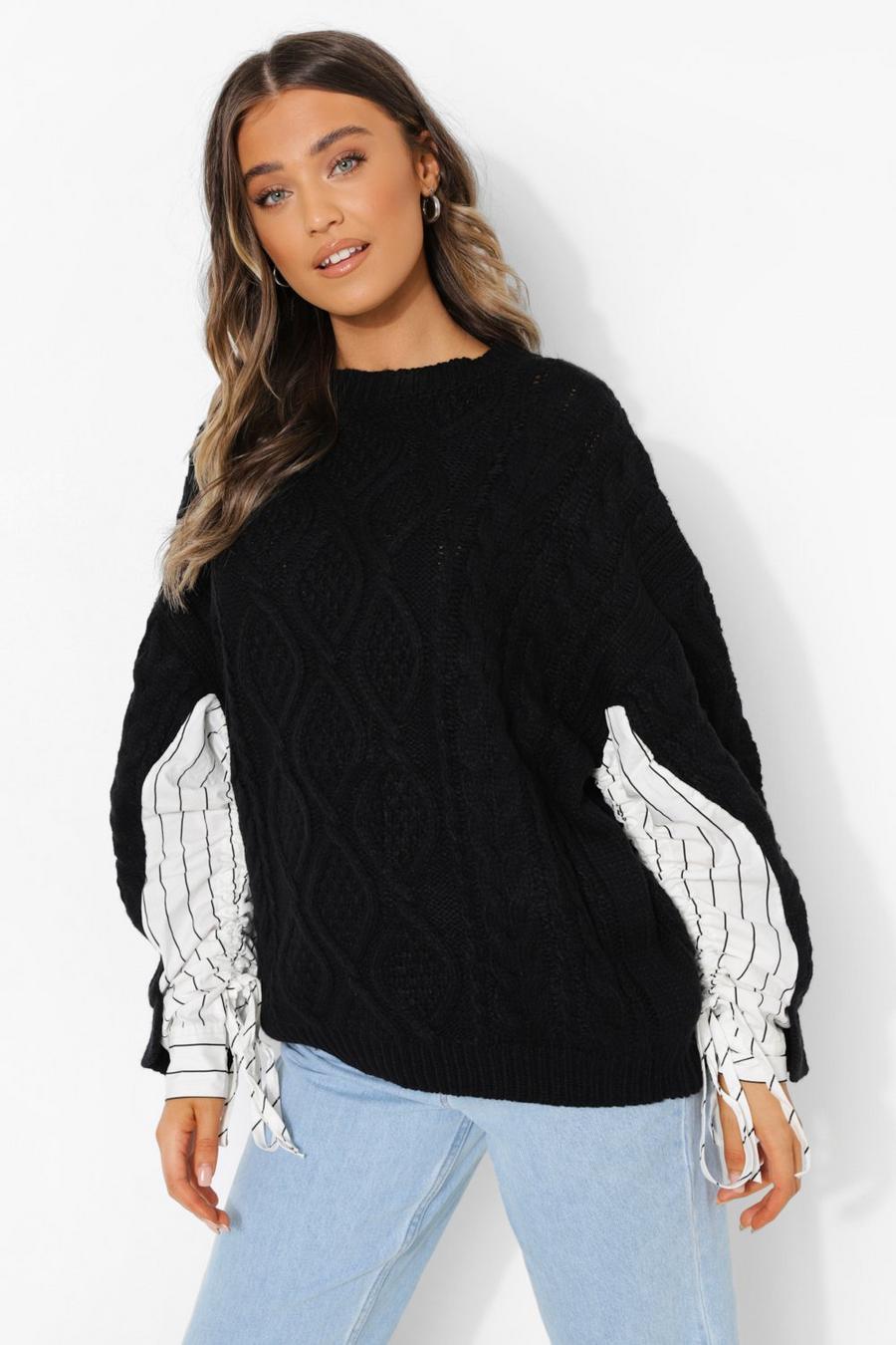 Black Cable Knitted Sweater With Shirt Sleeve Detail image number 1
