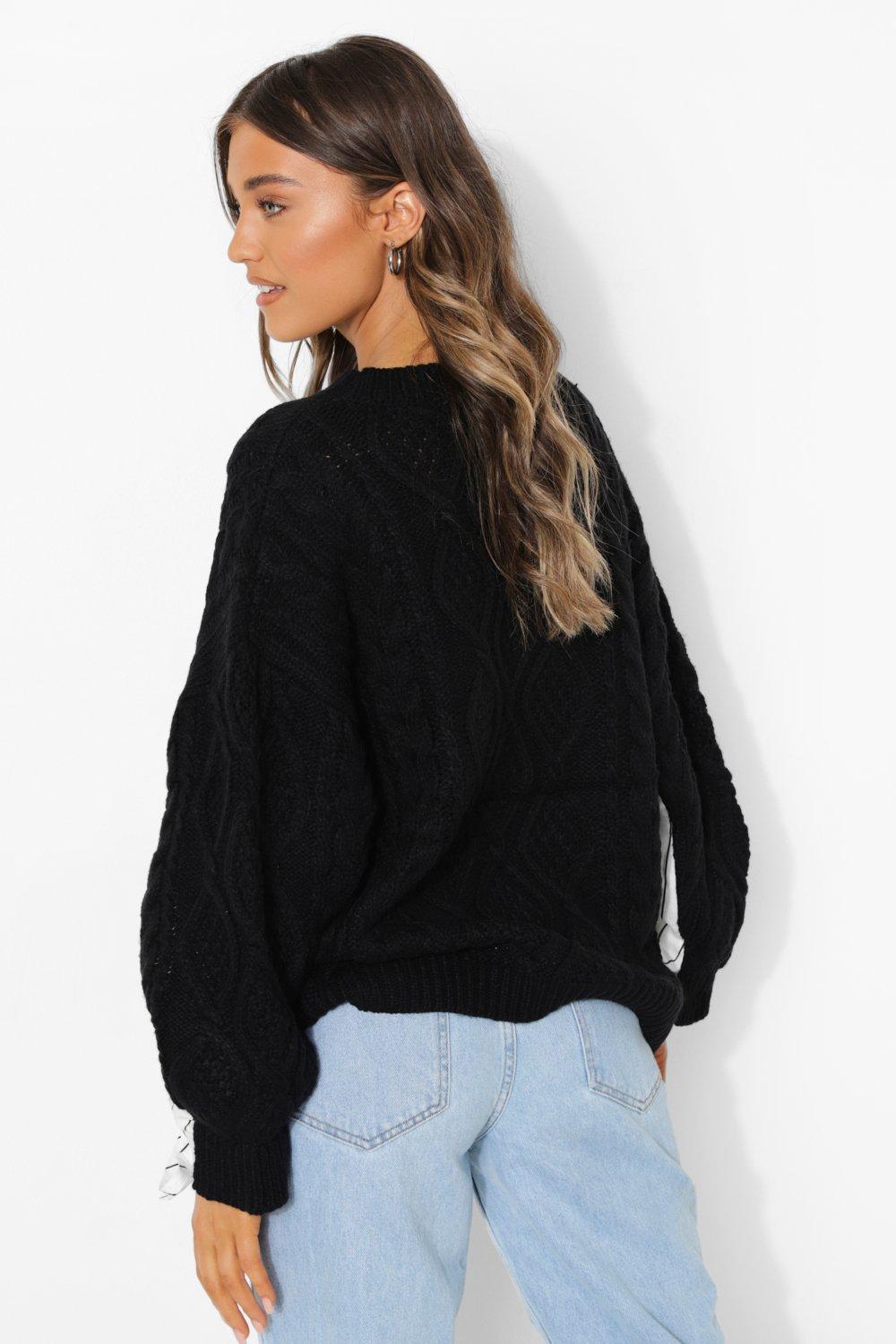 Women s Cable Knitted Jumper With Shirt Sleeve Detail Boohoo UK