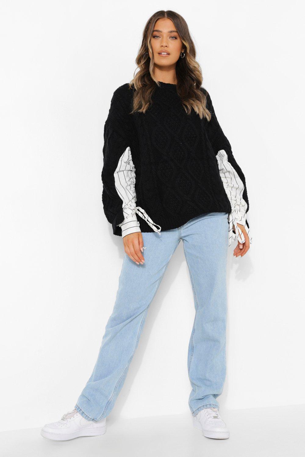 Women s Cable Knitted Jumper With Shirt Sleeve Detail Boohoo UK